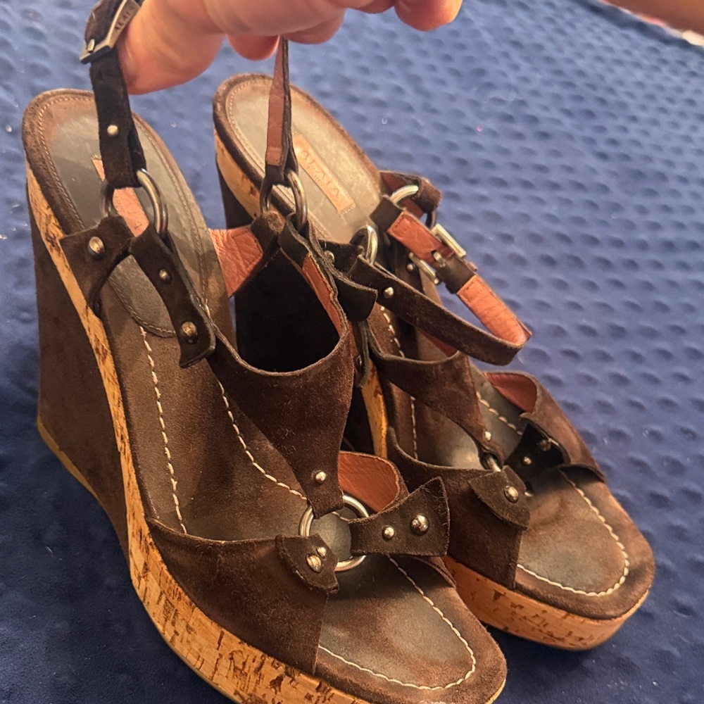 Alaïa Brown Suede and Cork Wedge Sandals
